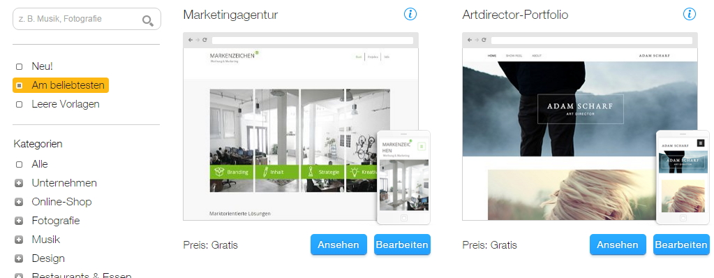 Viele Templates bei Wix.com